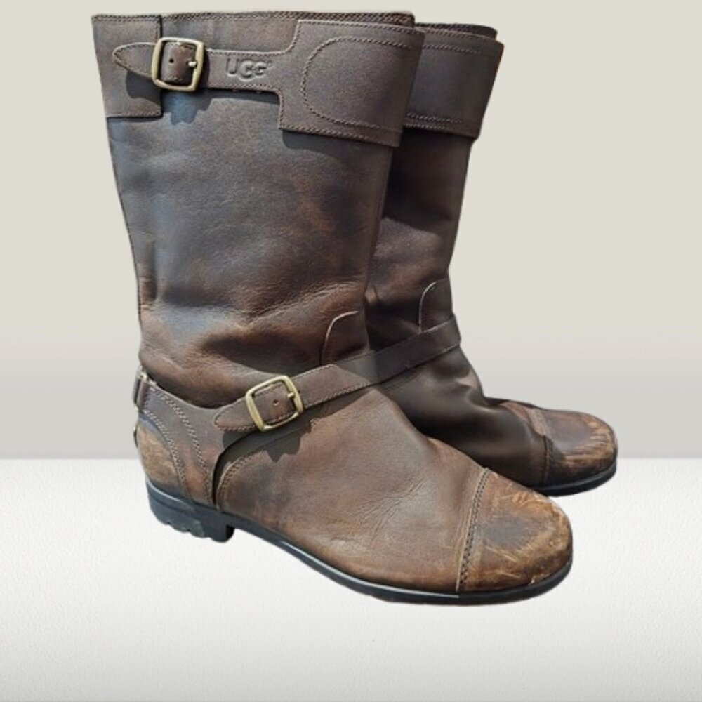 UGG Gershwin Shearling-Lined Brown Waterproof Leather Biker Boots